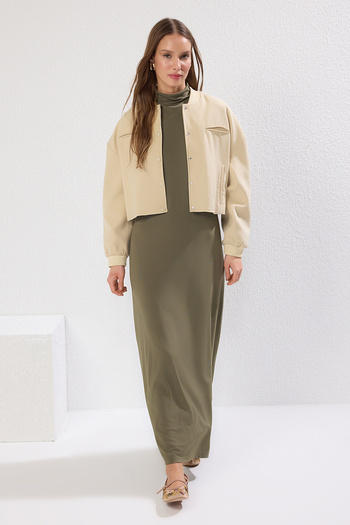 Trendyol Modest Khaki Knitted Diving Dress with Scuba Fabric - Sleeveless Lining, Tctss24Eb00230