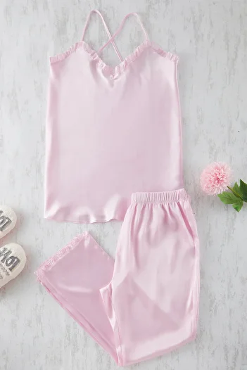 Trendyol Curve Pink Ruffled Rope Strap Satin Woven Pajamas Set Tbbss25Ai00081