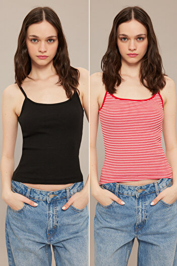 Trendyol Collection Black and Red Striped Stretchy Ribbed Undershirt - 2 Pack with Straps Twoss25Al00027