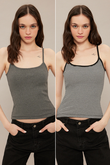 Trendyol Collection Stretchy Ribbed Black Striped Knitted Undershirt - Anthracite 2 Pack Twoss25Al00027