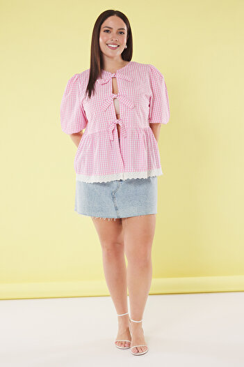 Trendyol Curve Pink Plaid Plus Size Blouse with Crowned Skirt - Tbbss25Af00013