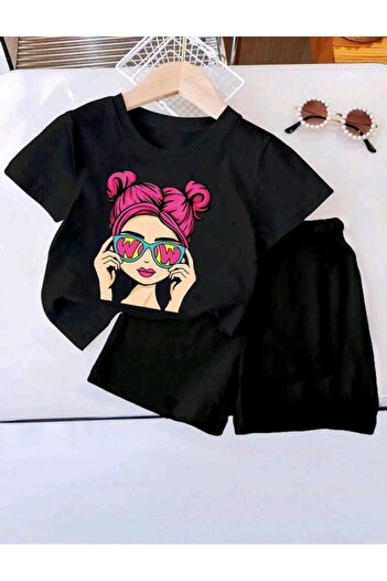 renkli diyar Girl's Summer Suit Short Sleeve Tee and Shorts 2-Piece Suit