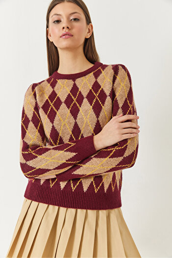 Bianco Lucci Women's Crew Neck Diamond Patterned Sweater 241192 60261036
