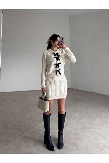 NZL TEKSTİL Hair Braided Ribbon Detail Women's Knitwear Suit with Cardigan & Skirt