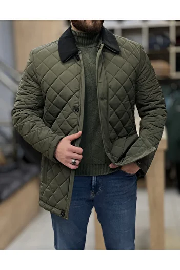 SAVARA Men's Quilted Khaki Diamond Patterned - Mono Collar, Water Repellent Classic Coat