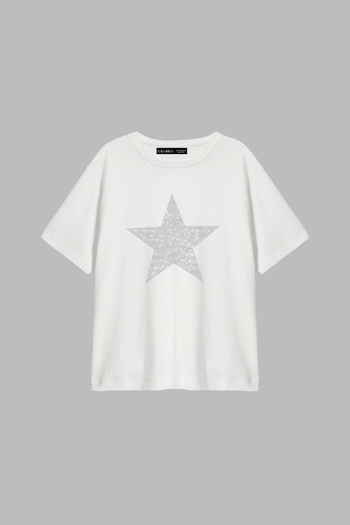 Sekizbiraltı Star Stone Printed Relaxed Fit White Women's Tshirt