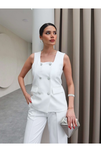 ESRAHELVACI White Stone Buttoned Vest Set