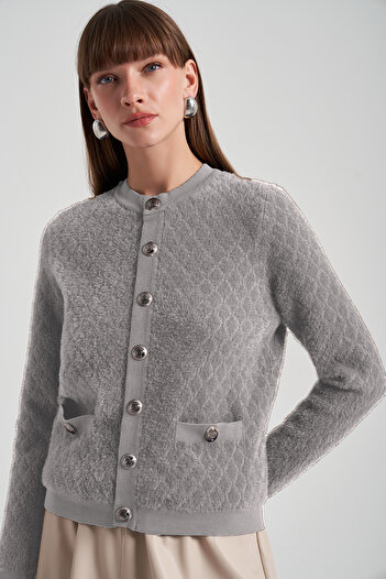 Lale Butik Nuss Knitwear Button Detail Short Cardigan 7001 Gray