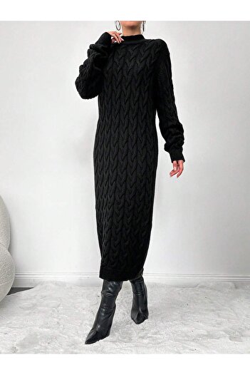 Askı Nişantaşı Black Crew Neck Hair Braided Knitwear Dress