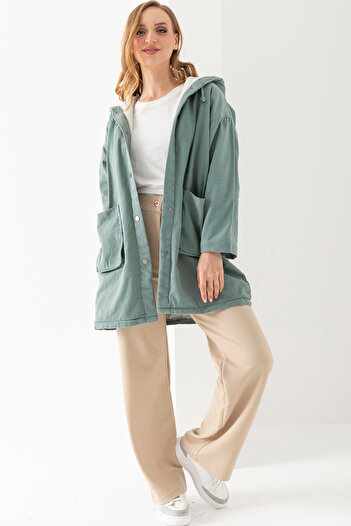 TUBA SÖZEN BUTİK Plush Denim Coat with Hood