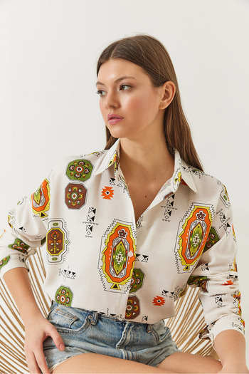Bianco Lucci Women's Sleeve Folded Patterned Linen Shirt