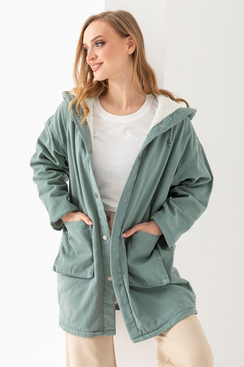 TUBA SÖZEN BUTİK Plush Denim Coat with Hood