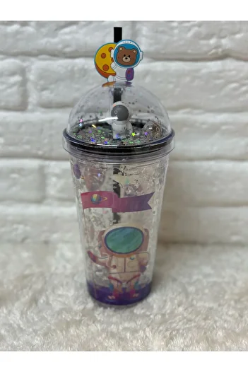 Zizu Colorful Mica Lighted Double Layer Glass Water Bottle with Straw 500 ml