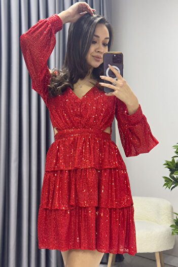 zks grup tekstil Women's Mini Evening Dress with Sequins - Low Back, Silver Saks Beige Red Black