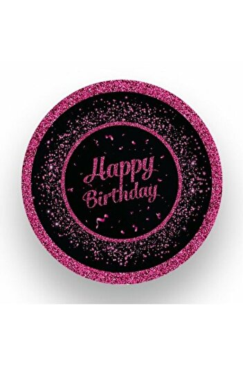 parti sürprizi Pembe Siyah Happy Birthday  Karton Tabak 8 Adet
