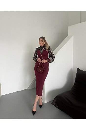 1Moda1Tarz Kadın İthal Kumaş Leopar Desen Düğme Detaylı Astarlı Özel Tasarım Elbise