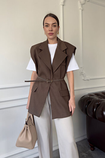 MAGARDE Brown Shoulder Padded Belted Vest