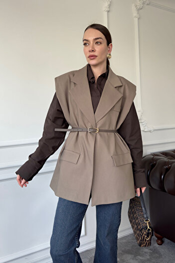 MAGARDE Mink Fabric Shoulder Padded Vest - Belted