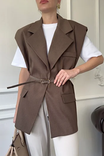 MAGARDE Brown Shoulder Padded Belted Vest