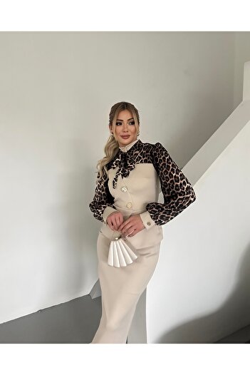 1Moda1Tarz Γυναικείο φόρεμα ειδικής σχεδίασης με λεοπάρ ύφασμα εισαγωγής με λεπτομέρεια με κουμπιά