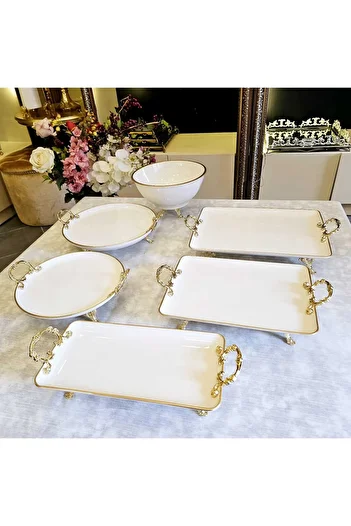 MaviDamla 6 Pieces Cast Porcelain Presentation Set with Gilded Detail Gold