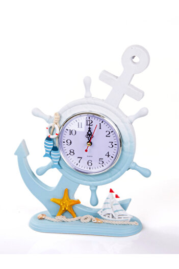 MUKKO HOME Marin Deniz Temalı Dümen ve Çapa Tasarımlı Ahşap  Masaüstü Saat 31,5 x 23cm Ofis Dekorasyon