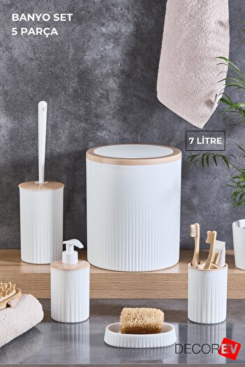 decorev Large 5-Piece Bathroom Set - 7 Liter White Trash Can