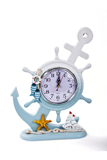 MUKKO HOME Marin Deniz Temalı Dümen ve Çapa Tasarımlı Ahşap  Masaüstü Saat 31,5 x 23cm Ofis Dekorasyon