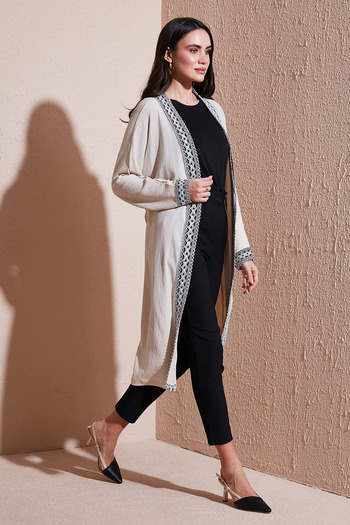 Lela Long Kimono Cardigan - Modest Regular Fit Tie-Up Embroidered Hijab