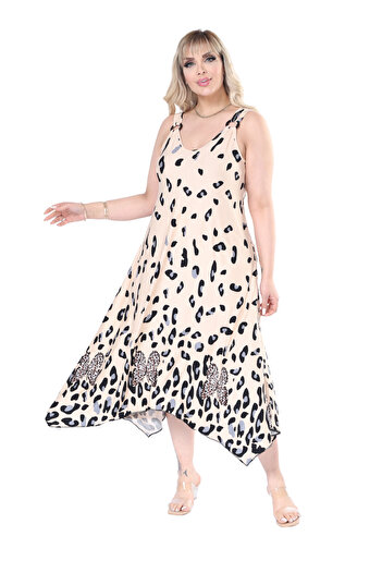 MELSAY Women's Strap V Neck Beige Watery Leopard Print Plus Size Dress