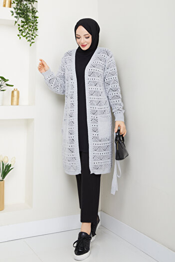 Pamuk Butik Women's Pocketed Waistband Openwork Knitwear Cardigan