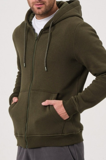 ruNadeS Khaki Plain Unisex Oversize (3 Stripes) Thick Fleece Cardigan