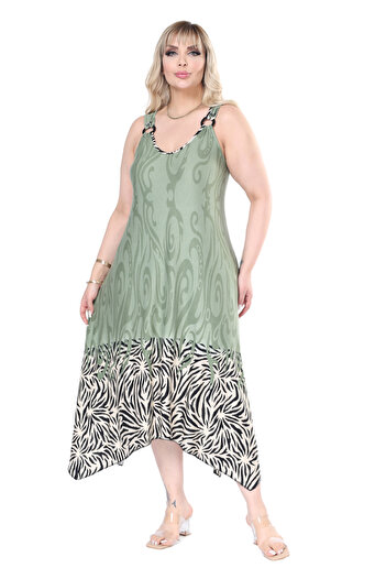 MELSAY Women's Strap V Neck Khaki Skirt Striped Pattern Plus Size Dress