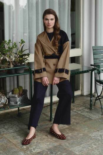 Hooopstore Denim Detailed Double Breasted Camel Trench Coat