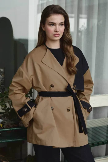 Hooopstore Denim Detailed Double Breasted Camel Trench Coat