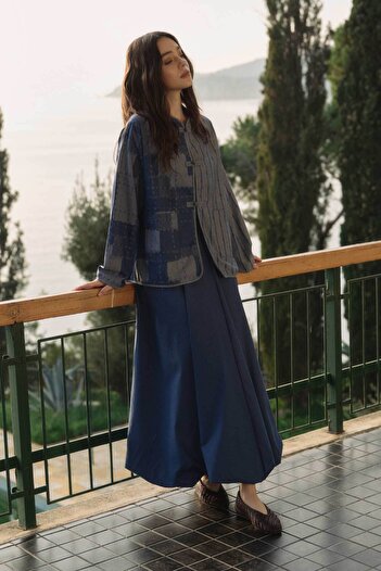 Hooopstore Denim Textured Balloon Blue Skirt