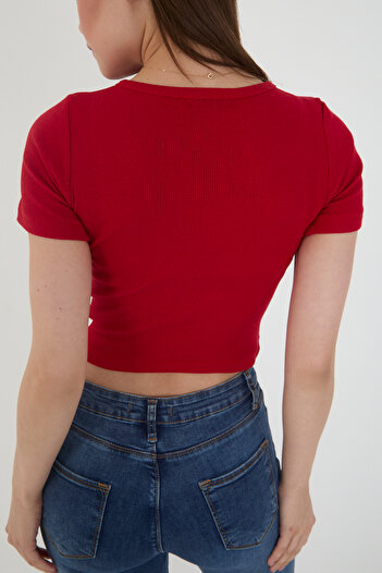 Wearflawless Kadın 2'li Kısa Kollu Fitilli Bisiklet Yaka Pamuklu Örme Kaşkorse Crop T-Shirt Bluz