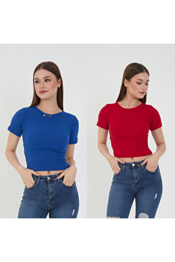 Wearflawless Kadın 2'li Kısa Kollu Fitilli Bisiklet Yaka Pamuklu Örme Kaşkorse Crop T-Shirt Bluz
