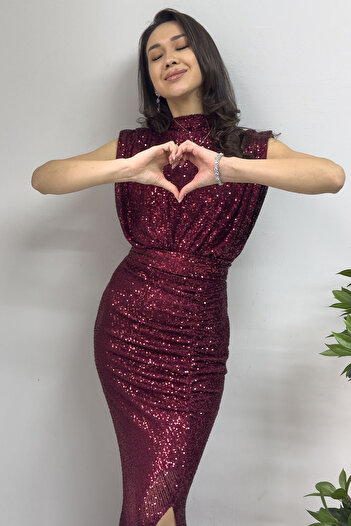 zks grup tekstil Navy Blue Black Burgundy Silver Emerald Green Sequins Sequined Women's Evening Dress with Slit - Stand Collar