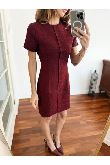 Maldia Shop Γυναικείο Tweed υφασμάτινο κοντομάνικο μπορντό φόρεμα