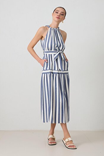 Setre Ecru-Blue Linen Blend Halter Neck Dress with Belt Detail