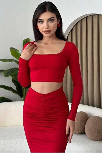 WOMAN VISION Red Sandy Crop Blouse and High Waist Maxi Skirt - U-Neck 312