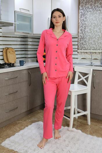 Akbeniz Pink Pajama Set for Women - Long Sleeve, Front Button, Cotton Combed 2783