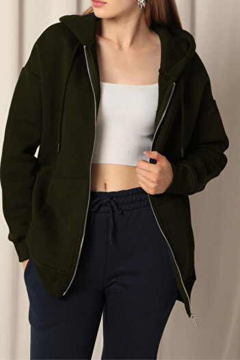 ruNadeS Women's Khaki Thick Three Thread Fabric Zippered Hooded Jacket