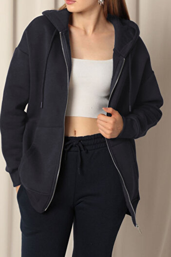 ruNadeS Women's Smoked Thick Three Thread Fabric Zippered Hooded Jacket