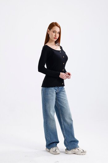 Miss Murem Boat Neck Button Front Blouse-Black