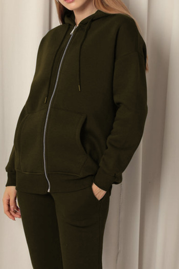 ruNadeS Women's Khaki Hood Printed 3 Thread Oversize Fleece Jacket - Cardigan