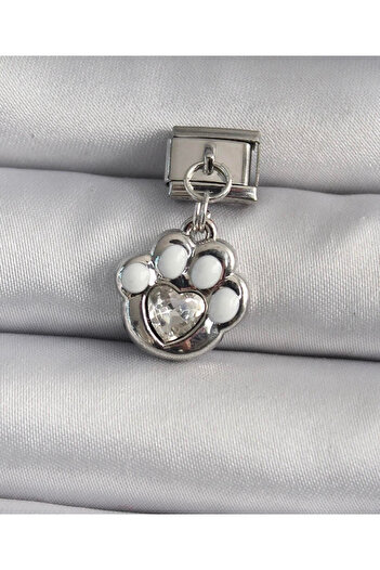 kubotique Stainless Steel White Paw Zircon Stone Heart Italian Bracelet Charm 1 Piece