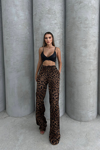 GİYSA Women's Leopard Print Palazzo Pants with Elastic Waist and Lacing Detail - 25Y 2189
