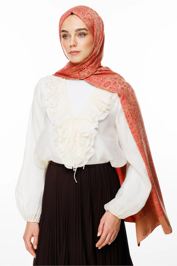 Mooncorn Henna Desen Çift Taraflı Şal Vizon-Kırmızı